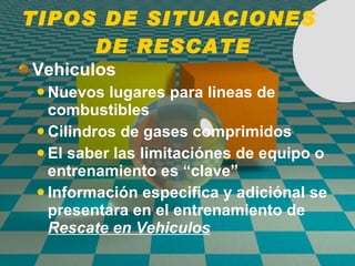 TIPOS DE SITUACIONES  DE RESCATE Vehiculos Nuevos lugares para lineas de combustibles Cilindros de gases comprimidos El saber las limitaci ó nes de equipo o entrenamiento es “clave” Informaci ó n especifica y adici ó nal se presentara en el entrenamiento de  Rescate en Vehiculos 