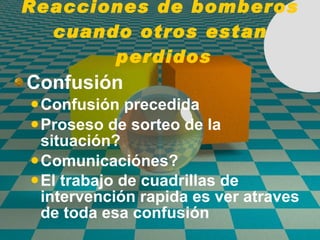 Reacciones de bomberos cuando otros estan  perdidos Confusi ó n Confusi ó n precedida  Proseso de sorteo de la situaci ó n? Comunicaci ó nes? El trabajo de cuadrillas de intervenci ó n rapida es ver atraves de toda esa confusi ó n   
