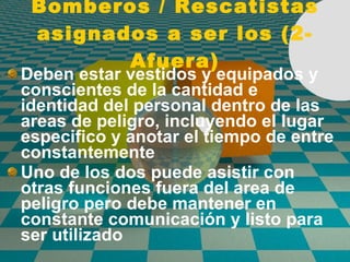 Bomberos / Rescatistas asignados a ser los (2-Afuera) Deben estar vestidos y equipados y conscientes de la cantidad e identidad del personal dentro de las areas de peligro, incluyendo el lugar especifico y anotar el tiempo de entre constantemente  Uno de los dos puede asistir con otras funciones fuera del area de peligro pero debe mantener en constante comunicaci ó n y listo para ser utilizado 