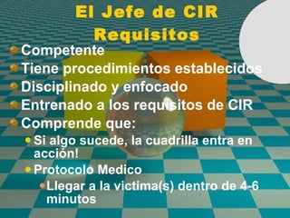 El Jefe de CIR Requisitos Competente Tiene procedimientos establecidos Disciplinado y enfocado Entrenado a los requisitos de CIR Comprende que: Si algo sucede, la cuadrilla entra en acci ó n! Protocolo Medico Llegar a la victima(s) dentro de 4-6 minutos  