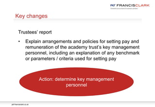 pkf-francisclark.co.uk
.
Key changes
Trustees’ report
• Explain arrangements and policies for setting pay and
remuneration of the academy trust’s key management
personnel, including an explanation of any benchmark
or parameters / criteria used for setting pay
Action: determine key management
personnel
 