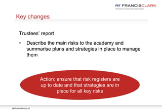pkf-francisclark.co.uk
.
Key changes
Trustees’ report
• Describe the main risks to the academy and
summarise plans and strategies in place to manage
them
Action: ensure that risk registers are
up to date and that strategies are in
place for all key risks
 