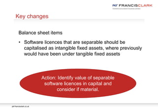 pkf-francisclark.co.uk
.
Key changes
Balance sheet items
• Software licences that are separable should be
capitalised as intangible fixed assets, where previously
would have been under tangible fixed assets
Action: Identify value of separable
software licences in capital and
consider if material.
 