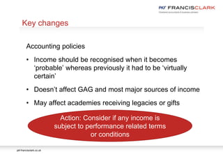 pkf-francisclark.co.uk
.
Key changes
Accounting policies
• Income should be recognised when it becomes
‘probable’ whereas previously it had to be ‘virtually
certain’
• Doesn’t affect GAG and most major sources of income
• May affect academies receiving legacies or gifts
Action: Consider if any income is
subject to performance related terms
or conditions
 
