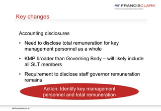 pkf-francisclark.co.uk
.
Key changes
Accounting disclosures
• Need to disclose total remuneration for key
management personnel as a whole
• KMP broader than Governing Body – will likely include
all SLT members
• Requirement to disclose staff governor remuneration
remains
Action: Identify key management
personnel and total remuneration
 