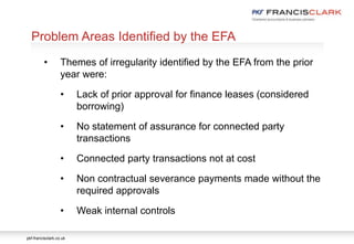 pkf-francisclark.co.uk
.
Problem Areas Identified by the EFA
• Themes of irregularity identified by the EFA from the prior
year were:
• Lack of prior approval for finance leases (considered
borrowing)
• No statement of assurance for connected party
transactions
• Connected party transactions not at cost
• Non contractual severance payments made without the
required approvals
• Weak internal controls
 