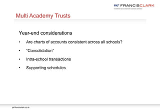 pkf-francisclark.co.uk
.
Multi Academy Trusts
Year-end considerations
• Are charts of accounts consistent across all schools?
• “Consolidation”
• Intra-school transactions
• Supporting schedules
 