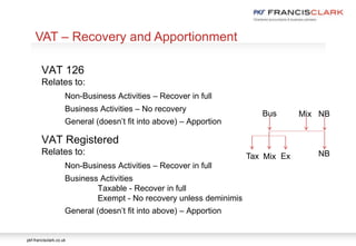 pkf-francisclark.co.uk
.
VAT – Recovery and Apportionment
VAT 126
Relates to:
Non-Business Activities – Recover in full
Business Activities – No recovery
General (doesn’t fit into above) – Apportion
VAT Registered
Relates to:
Non-Business Activities – Recover in full
Business Activities
Taxable - Recover in full
Exempt - No recovery unless deminimis
General (doesn’t fit into above) – Apportion
Bus Mix NB
NBTax Mix Ex
 