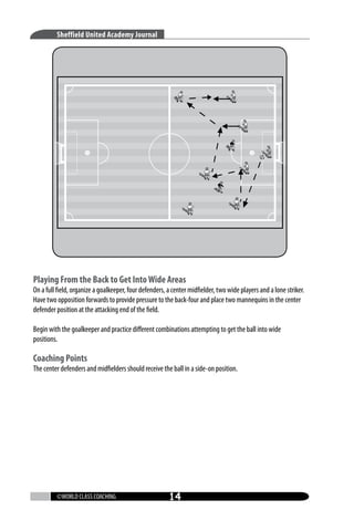 Sheffield United Academy Journal

Playing From the Back to Get Into Wide Areas

On a full field, organize a goalkeeper, four defenders, a center midfielder, two wide players and a lone striker.
Have two opposition forwards to provide pressure to the back-four and place two mannequins in the center
defender position at the attacking end of the field.
Begin with the goalkeeper and practice different combinations attempting to get the ball into wide
positions.

Coaching Points

The center defenders and midfielders should receive the ball in a side-on position.

©WORLD CLASS COACHING

14

 