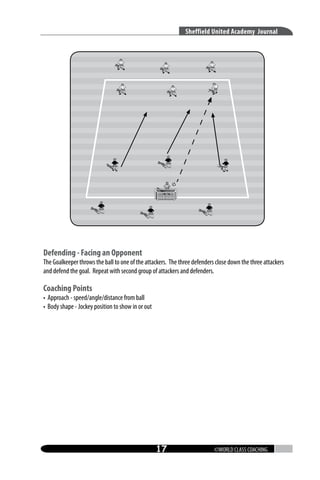 Sheffield United Academy Journal

Defending - Facing an Opponent

The Goalkeeper throws the ball to one of the attackers. The three defenders close down the three attackers
and defend the goal. Repeat with second group of attackers and defenders.

Coaching Points

• Approach - speed/angle/distance from ball
• Body shape - Jockey position to show in or out

17

©WORLD CLASS COACHING

 
