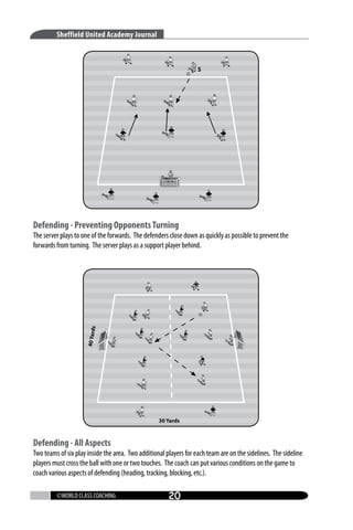 Sheffield United Academy Journal

Defending - Preventing Opponents Turning

40 Yard
s

The server plays to one of the forwards. The defenders close down as quickly as possible to prevent the
forwards from turning. The server plays as a support player behind.

30 Yards

Defending - All Aspects

Two teams of six play inside the area. Two additional players for each team are on the sidelines. The sideline
players must cross the ball with one or two touches. The coach can put various conditions on the game to
coach various aspects of defending (heading, tracking, blocking, etc.).
©WORLD CLASS COACHING

20

 