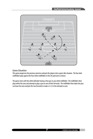 Sheffield United Academy Journal

Game Situation

This game progresses the previous exercises and puts the players into a game-like situation. The four dark
midfielders play against the four white midfielders in the 20-yard zone as shown.
The game starts with the white defender having a free pass to any white midfielder. The midfielders then
play within the zone and attempt to play a pass to one of their forwards. The midfielder that makes the pass
can leave the zone and join the two forwards to make a 3 v 2 in the attempt to score.



©WORLD CLASS COACHING

 