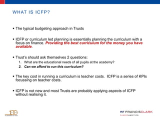 WHAT IS ICFP?
 The typical budgeting approach in Trusts
 ICFP or curriculum led planning is essentially planning the curriculum with a
focus on finance. Providing the best curriculum for the money you have
available.
 Trust’s should ask themselves 2 questions:
1. What are the educational needs of all pupils at the academy?
2. Can we afford to run this curriculum?
 The key cost in running a curriculum is teacher costs. ICFP is a series of KPIs
focussing on teacher costs.
 ICFP is not new and most Trusts are probably applying aspects of ICFP
without realising it.
 