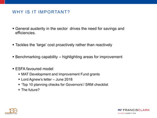 WHY IS IT IMPORTANT?
 General austerity in the sector drives the need for savings and
efficiencies.
 Tackles the ‘large’ cost proactively rather than reactively
 Benchmarking capability – highlighting areas for improvement
 ESFA favoured model
 MAT Development and Improvement Fund grants
 Lord Agnew’s letter – June 2018
 ‘Top 10 planning checks for Governors’/ SRM checklist
 The future?
 