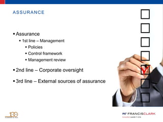 ASSURANCE
 Assurance
 1st line – Management
 Policies
 Control framework
 Management review
 2nd line – Corporate oversight
 3rd line – External sources of assurance
 