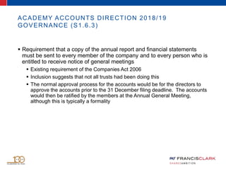 ACADEMY ACCOUNTS DIRECTION 2018/19
GOVERNANCE (S1.6.3)
 Requirement that a copy of the annual report and financial statements
must be sent to every member of the company and to every person who is
entitled to receive notice of general meetings
 Existing requirement of the Companies Act 2006
 Inclusion suggests that not all trusts had been doing this
 The normal approval process for the accounts would be for the directors to
approve the accounts prior to the 31 December filing deadline. The accounts
would then be ratified by the members at the Annual General Meeting,
although this is typically a formality
 