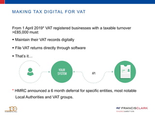 MAKING TAX DIGITAL FOR VAT
From 1 April 2019* VAT registered businesses with a taxable turnover
>£85,000 must:
 Maintain their VAT records digitally
 File VAT returns directly through software
 That’s it…
* HMRC announced a 6 month deferral for specific entities, most notable
Local Authorities and VAT groups.
HMR
C
 