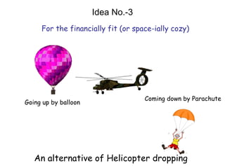 Idea No.-3
Going up by balloon
Coming down by Parachute
For the financially fit (or space-ially cozy)
An alternative of Helicopter dropping
 