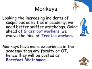 Monkeys
Looking the increasing incidents of
suspicious activities in academy, we
need better sniffer watchdogs. Going
ahead of Grassroot workers, we
evolve the idea of Treetop workers.
Monkeys have more experience in the
academy than any faculty or OT,
hence they will be posted as
Barefoot Watchman.
 