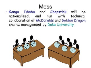? Ganga Dhaba and Chopstick will be
nationalized, and run with technical
collaboration of McDonalds and Golden Dragon
chains; management by Duke University
Mess
 
