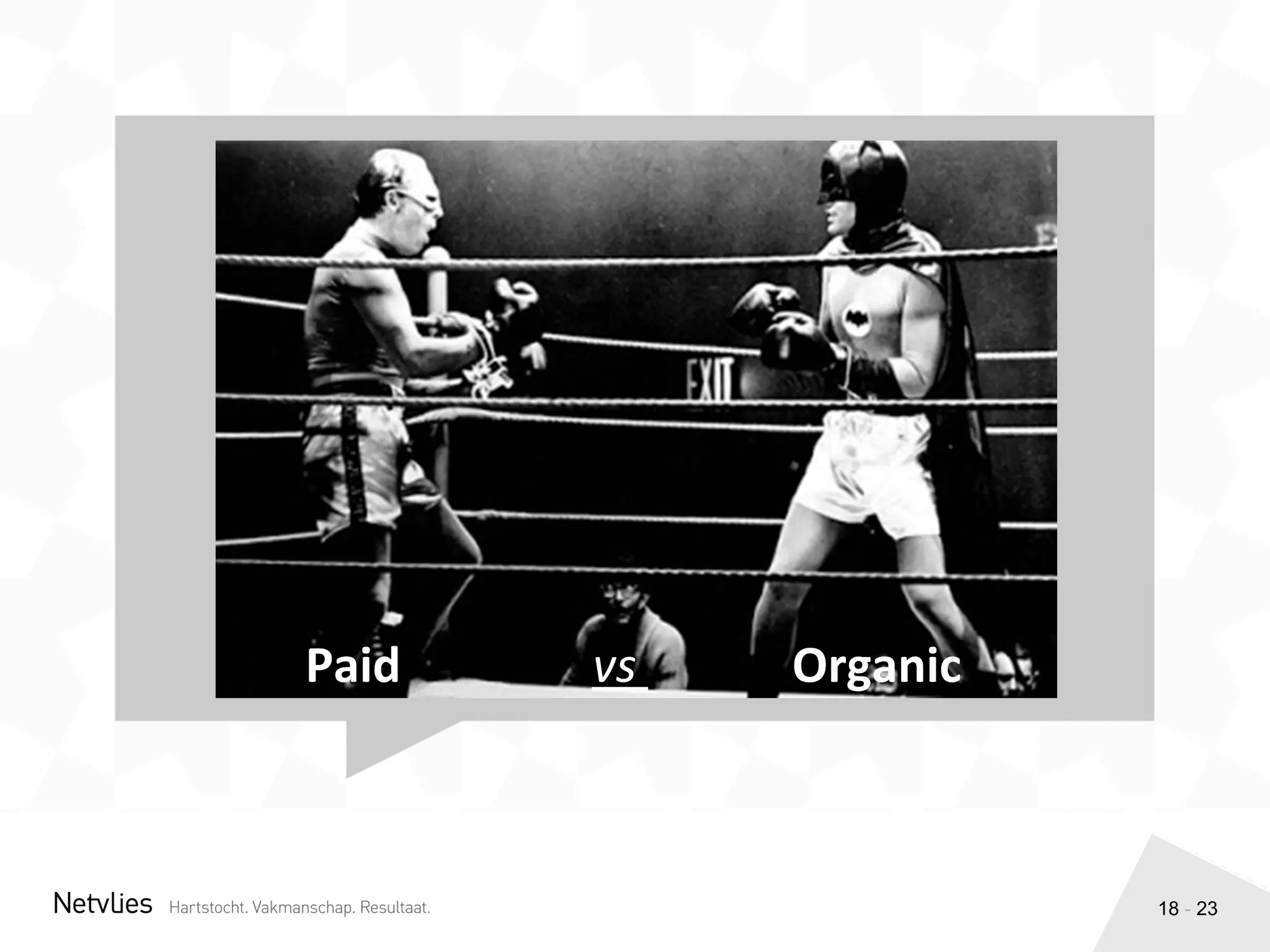 18 - 23
Paid	
  	
  	
  	
  	
  	
  	
  	
  	
  	
  	
  	
  	
  	
  	
  	
  vs	
  	
  	
  	
  	
  	
  	
  	
  	
  	
  	
  	
  	
  Organic	
  
 