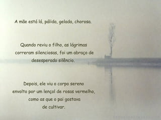 A mãe está lá, pálida, gelada, chorosa.  Quando reviu o filho, as lágrimas  correram silenciosas, foi um abraço de desesperado silêncio.  Depois, ele viu o corpo sereno envolto por um lençol de rosas vermelho,   como as que o pai gostava  de cultivar. 