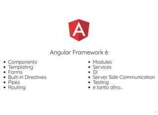 Components
Templating
Forms
Built-in Directives
Pipes
Routing
Modules
Services
DI
Server Side Communication
Testing
e tanto altro...
Angular Framework è
9
 