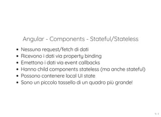 Angular - Components - Stateful/Stateless
Nessuna request/fetch di dati
Ricevono i dati via property binding
Emettono i dati via event callbacks
Hanno child components stateless (ma anche stateful)
Possono contenere local UI state
Sono un piccolo tassello di un quadro più grande!
16 . 8
 