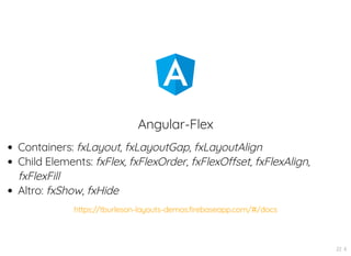 Angular-Flex
Containers: fxLayout, fxLayoutGap, fxLayoutAlign
Child Elements: fxFlex, fxFlexOrder, fxFlexOffset, fxFlexAlign,
fxFlexFill
Altro: fxShow, fxHide
https://tburleson-layouts-demos.firebaseapp.com/#/docs
22 . 6
 