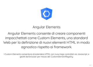 Angular Elements
Angular Elements consente di creare componenti
impacchettati come Custom Elements, uno standard
Web per la definizione di nuovi elementi HTML in modo
agnostico rispetto ai framework.
I Custom Elements consentono di estendere HTML con nuovi tags controllati via Javascript, e
gestiti dal browser per mezzo del CustomElementRegistry.
26 . 1
 