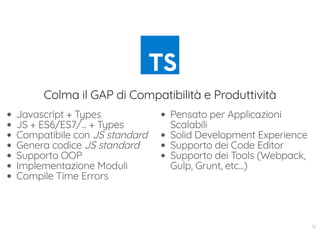 Javascript + Types
JS + ES6/ES7/... + Types
Compatibile con JS standard
Genera codice JS standard
Supporto OOP
Implementazione Moduli
Compile Time Errors
Pensato per Applicazioni
Scalabili
Solid Development Experience
Supporto dei Code Editor
Supporto dei Tools (Webpack,
Gulp, Grunt, etc...)
Colma il GAP di Compatibilità e Produttività
12
 