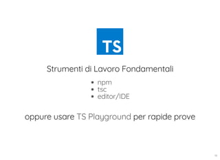 Strumenti di Lavoro Fondamentali
npm
tsc
editor/IDE
oppure usare per rapide proveTS Playground
14
 