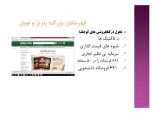 ‫ﻫﺎي‬ ‫درﮐﺘﺎﺑﻔﺮوﺷﯽ‬ ‫ﺗﺤﻮل‬‫ﮐﻮﭼﮏ‬‫؛‬
١.‫ﻫﺎ‬ ‫ﺗﺎﮐﺘﯿﮏ‬ ‫ﺑﺎ‬
٢.‫ﮔﺬاري‬ ‫ﻗﯿﻤﺖ‬ ‫ﻫﺎي‬ ‫ﺷﯿﻮه‬
٣.‫ﺗﺠﺎري‬ ‫ﻧﻈﯿﺮ‬ ‫ﺑﯽ‬ ‫ﺳﺮﻣﺎﯾﻪ‬
۴.691‫در‬ ‫را‬ ‫ﻓﺮوﺷﮕﺎه‬50‫ﻣﻨﻄﻘﻪ‬
۵.641‫داﻧﺸﺠﻮﯾﯽ‬ ‫ﻓﺮوﺷﮕﺎه‬
 