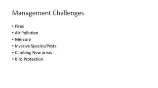 Management Challenges
• Fires
• Air Pollution
• Mercury
• Invasive Species/Pests
• Climbing New areas
• Bird Protection
 