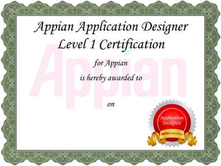 Appian Application Designer
Level 1 Certification
for Appian
is hereby awarded to
on
Navanath Walunj
1/5/2015
 
