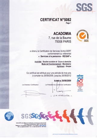 Acadomia, certificat Qualicert v4