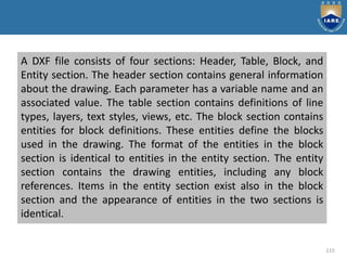 115
A DXF file consists of four sections: Header, Table, Block, and
Entity section. The header section contains general information
about the drawing. Each parameter has a variable name and an
associated value. The table section contains definitions of line
types, layers, text styles, views, etc. The block section contains
entities for block definitions. These entities define the blocks
used in the drawing. The format of the entities in the block
section is identical to entities in the entity section. The entity
section contains the drawing entities, including any block
references. Items in the entity section exist also in the block
section and the appearance of entities in the two sections is
identical.
 