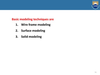 51
Basic modeling techniques are
1. Wire frame modeling
2. Surface modeling
3. Solid modeling
 
