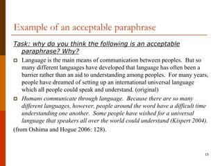 Example of an acceptable paraphrase
Task: why do you think the following is an acceptable
    paraphrase? Why?
 Language is the main means of communication between peoples. But so
    many different languages have developed that language has often been a
    barrier rather than an aid to understanding among peoples. For many years,
    people have dreamed of setting up an international universal language
    which all people could speak and understand. (original)
 Humans communicate through language. Because there are so many
    different languages, however, people around the word have a difficult time
    understanding one another. Some people have wished for a universal
    language that speakers all over the world could understand (Kispert 2004).
(from Oshima and Hogue 2006: 128).


                                                                            15
 