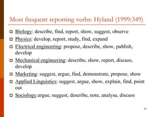 Most frequent reporting verbs: Hyland (1999:349)
   Biology: describe, find, report, show, suggest, observe
   Physics: develop, report, study, find, expand
   Electrical engineering: propose, describe, show, publish,
    develop
   Mechanical engineering: describe, show, report, discuss,
    develop
   Marketing: suggest, argue, find, demonstrate, propose, show
   Applied Linguistics: suggest, argue, show, explain, find, point
    out
   Sociology:argue, suggest, describe, note, analyse, discuss

                                                                  27
 