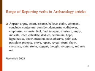 Range of Reporting verbs in Archaeology articles

   Appear, argue, assert, assume, believe, claim, comment,
    conclude, conjecture, consider, demonstrate, discover,
    emphasise, estimate, feel, find, imagine, illustrate, imply,
    indicate, infer, calculate, deduce, determine, hope,
    hypothesise, know, mention, note, observe, point out,
    postulate, propose, prove, report, reveal, seem, show,
    speculate, state, stress, suggest, thought, recognise, and rule
    out.

Rizomilioti 2003


                                                                      28
 
