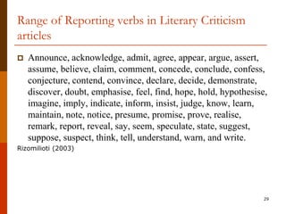 Range of Reporting verbs in Literary Criticism
articles
   Announce, acknowledge, admit, agree, appear, argue, assert,
    assume, believe, claim, comment, concede, conclude, confess,
    conjecture, contend, convince, declare, decide, demonstrate,
    discover, doubt, emphasise, feel, find, hope, hold, hypothesise,
    imagine, imply, indicate, inform, insist, judge, know, learn,
    maintain, note, notice, presume, promise, prove, realise,
    remark, report, reveal, say, seem, speculate, state, suggest,
    suppose, suspect, think, tell, understand, warn, and write.
Rizomilioti (2003)




                                                                   29
 