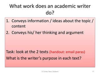 What work does an academic writer
do?
1. Conveys information / ideas about the topic /
content
2. Conveys his/ her thinking and argument
Task: look at the 2 texts (handout: email paras)
What is the writer’s purpose in each text?
© Unitec New Zealand 17
 