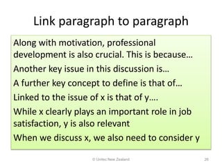 Link paragraph to paragraph
Along with motivation, professional
development is also crucial. This is because…
Another key issue in this discussion is…
A further key concept to define is that of…
Linked to the issue of x is that of y….
While x clearly plays an important role in job
satisfaction, y is also relevant
When we discuss x, we also need to consider y
© Unitec New Zealand 26
 