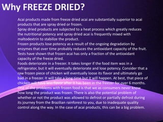 Why FREEZE DRIED?Acai products made from freeze dried acai are substantially superior to acai products that are spray dried or frozen.Spray dried products are subjected to a heat process which greatly reduces the nutritional potency and spray dried acai is frequently mixed with maltodextrin to stabilize the product.Frozen products lose potency as a result of the ongoing degradation by enzymes that over time probably reduces the antioxidant capacity of the fruit. Tests have shown that frozen acai has only a fraction of the antioxidant capacity of the freeze dried.Foods deteriorate in a freezer. It takes longer if the food item was in a refrigerator, but it will eventually deteriorate and lose potency. Consider that a raw frozen piece of chicken will eventually loose its flavor and ultimately go bad in a freezer. It will take a long time but it will happen. At best, that piece of chicken will have less flavor after it has been in the freezer for over 6 months. One of the problems with frozen food is that we as consumers never know how long the product was frozen. There is also the potential problem of whether or not the product was allowed to defrost or partially defrost during its journey from the Brazilian rainforest to you, due to inadequate quality control along the way. In the case of acai products, this can be a big problem.