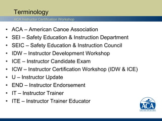 Terminology
    ACA Instructor Certification Workshop

•   ACA – American Canoe Association
•   SEI – Safety Education & Instruction Department
•   SEIC – Safety Education & Instruction Council
•   IDW – Instructor Development Workshop
•   ICE – Instructor Candidate Exam
•   ICW – Instructor Certification Workshop (IDW & ICE)
•   U – Instructor Update
•   END – Instructor Endorsement
•   IT – Instructor Trainer
•   ITE – Instructor Trainer Educator
 