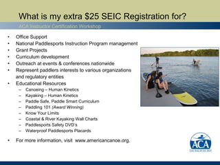 What is my extra $25 SEIC Registration for?
     ACA Instructor Certification Workshop

•   Office Support
•   National Paddlesports Instruction Program management
•   Grant Projects
•   Curriculum development
•   Outreach at events & conferences nationwide
•   Represent paddlers interests to various organizations
    and regulatory entities
•   Educational Resources
     –   Canoeing – Human Kinetics
     –   Kayaking – Human Kinetics
     –   Paddle Safe, Paddle Smart Curriculum
     –   Paddling 101 (Award Winning)
     –   Know Your Limits
     –   Coastal & River Kayaking Wall Charts
     –   Paddlesports Safety DVD’s
     –   Waterproof Paddlesports Placards

•   For more information, visit www.americancanoe.org.
 