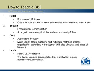 How to Teach a Skill
     ACA Instructor Certification Workshop

1.    Sell It
        •        Prepare and Motivate
        •        Create in your students a receptive attitude and a desire to learn a skill
2.    Show      It
        •        Presentation, Demonstration
        •        Arrange in such a way that the students can easily follow
3.    Do It
        •       Application, Practice
        •       Make use of group, partners, and individual methods of class
                organization according to the type of skill, size of class, and types of
                learners
4.    Use It
        •    Follow up, Adaptation
        •    The law of use and disuse states that a skill which is used
             frequently becomes habit
 