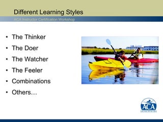 Different Learning Styles
  ACA Instructor Certification Workshop




• The Thinker
• The Doer
• The Watcher
• The Feeler
• Combinations
• Others…
 