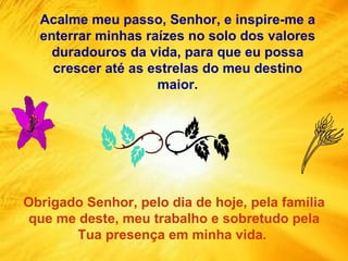Acalme meu passo, Senhor, e inspire-me a enterrar minhas raízes no solo dos valores duradouros da vida, para que eu possa crescer até as estrelas do meu destino maior. Obrigado Senhor, pelo dia de hoje, pela família que me deste, meu trabalho e sobretudo pela Tua presença em minha vida.  